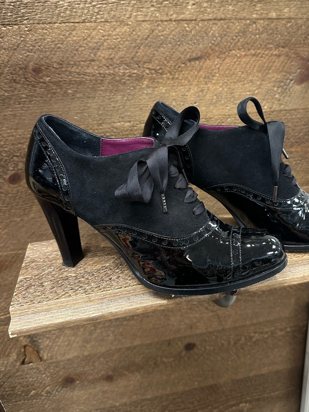 Coach Black Patent & Suede Lace-Up Heeled Oxfords